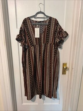 BloomChic Brown Multi-Print V-Neck Midi Dress